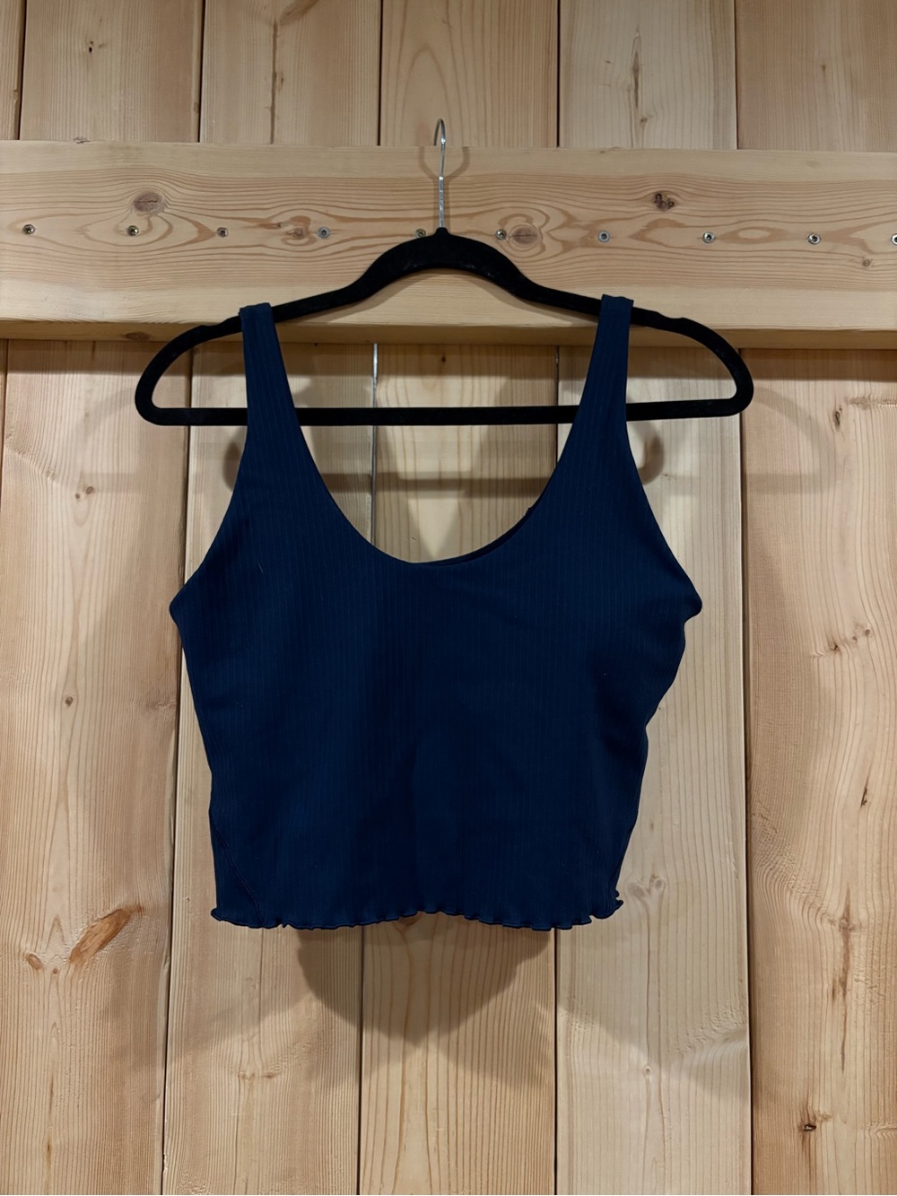 Navy Ribbed Scoop Neck Ruffle Crop Tank Top
